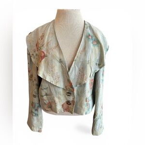 Vintage-Inspired Floral Cropped Jacket in Dusty Blue Cottage Core Boho Romantic